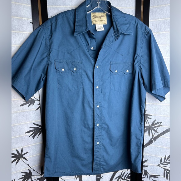 Men’s Pearl Snap Wrangler Shirt Solid Navy Size Large - Picture 2 of 6